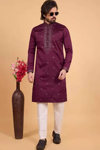 dark purple art silk straight kurta pajama for men