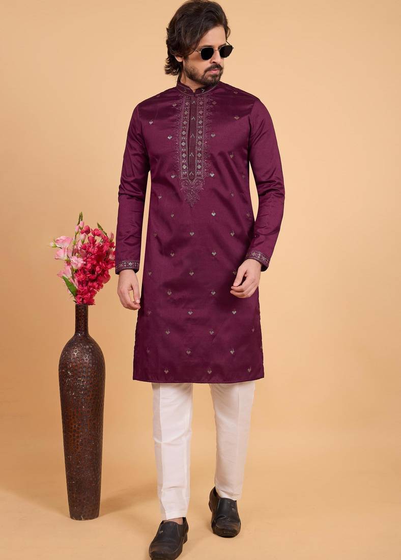 Dark purple art silk straight kurta for men
