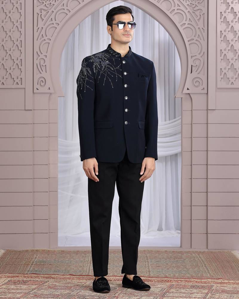 Blue plain fabric with hand work bandhgala only