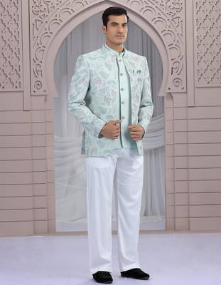 blue art silk 3 piece bandhgala only 2