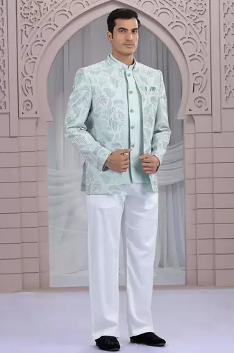 blue art silk 3 piece bandhgala only