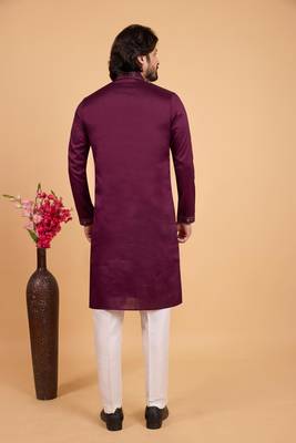 dark purple art silk straight kurta pajama for men 3