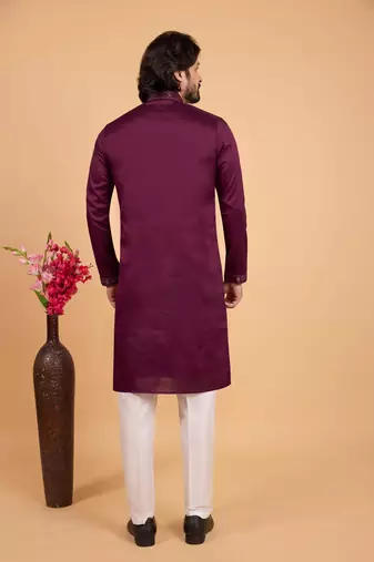 dark purple art silk straight kurta pajama for men
