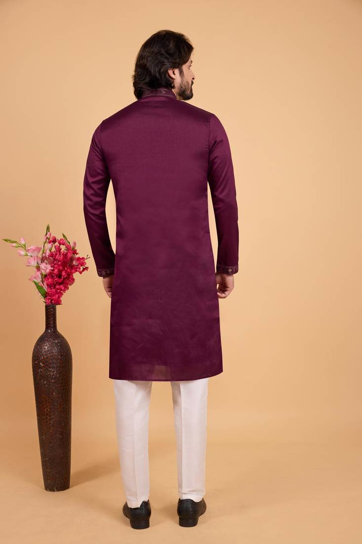 Dark purple art silk straight kurta for men