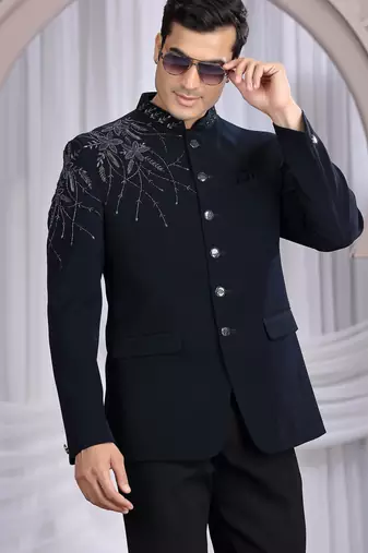 blue plain fabric with hand work bandhgala only