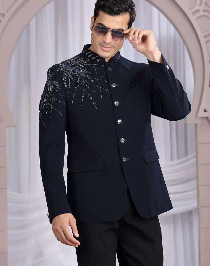 Blue plain fabric with hand work bandhgala only