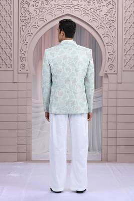 blue art silk 3 piece bandhgala only 4