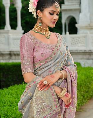 silk blend saree with premium embroidery sequins & diamond cutwork 2