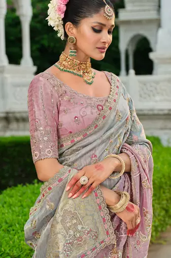 silk blend saree with premium embroidery sequins & diamond cutwork