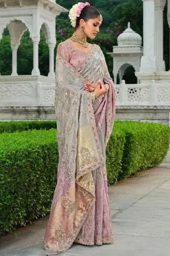silk blend saree with premium embroidery sequins & diamond cutwork