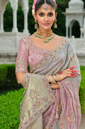 silk blend saree with premium embroidery sequins & diamond cutwork