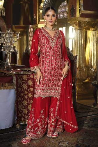 Red embroidered chinon free size stitched palazzo style salwar suit