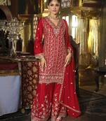 Red embroidered chinon free size stitched palazzo style salwar suit