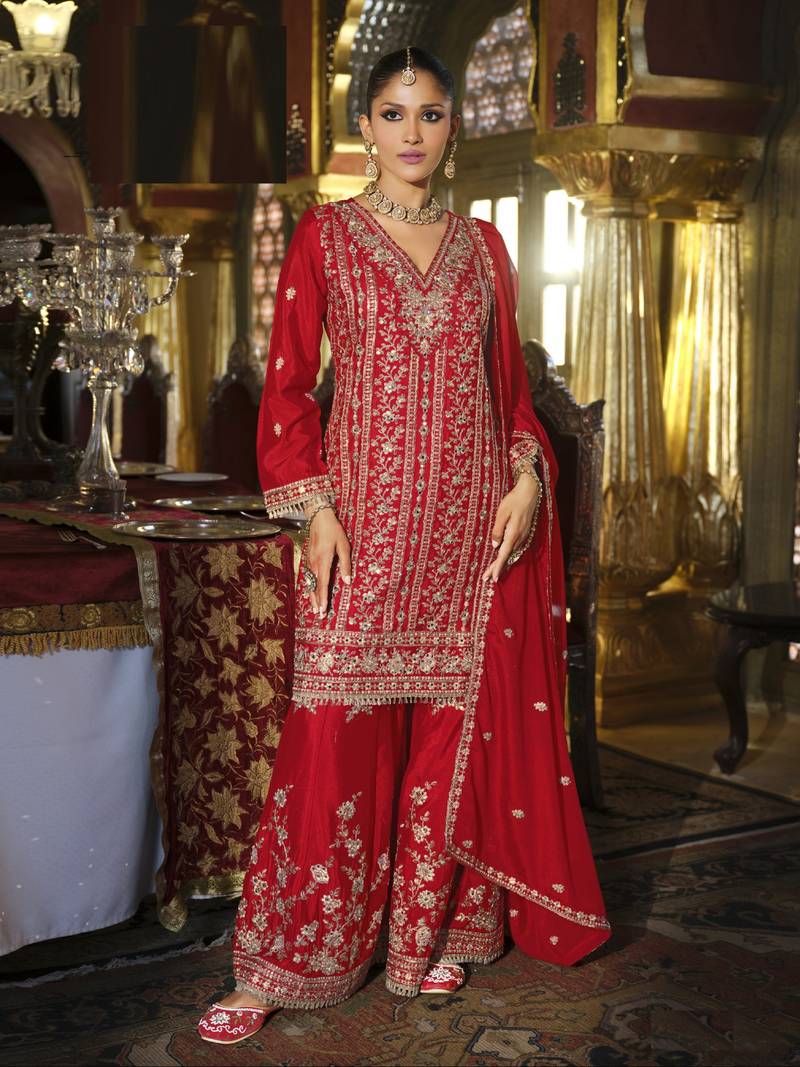 Red embroidered chinon free size stitched palazzo style salwar suit