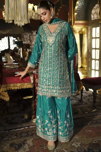 Teal green embroidered chinon free size stitched palazzo style salwar suit