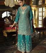 Teal green embroidered chinon free size stitched palazzo style salwar suit