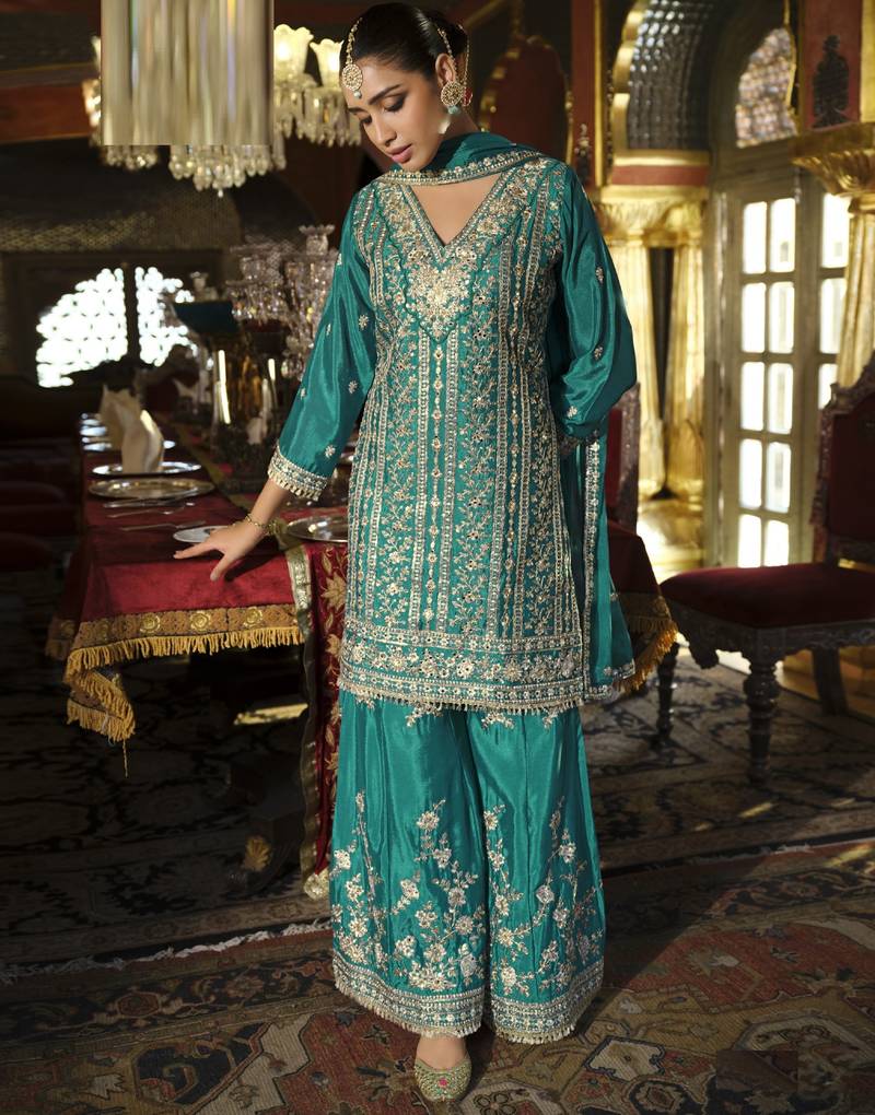 Teal green embroidered chinon free size stitched palazzo style salwar suit