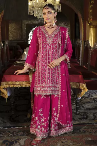 Pink embroidered chinon free size stitched palazzo style salwar suit