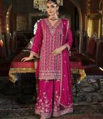Pink embroidered chinon free size stitched palazzo style salwar suit