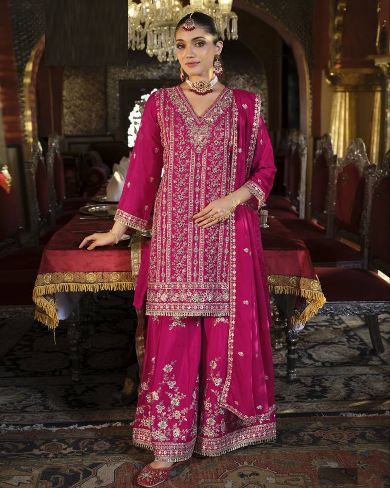 Pink embroidered chinon free size stitched palazzo style salwar suit