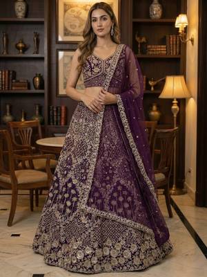 wine thread embroidered silk lehenga set choli with dupatta 1