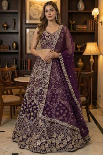 wine thread embroidered silk lehenga set choli with dupatta