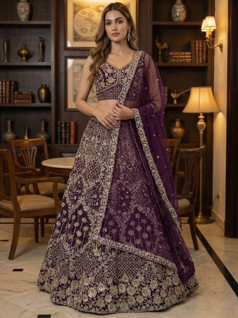 wine thread embroidered silk lehenga set choli with dupatta