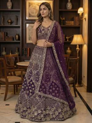 wine thread embroidered silk lehenga set choli with dupatta 2