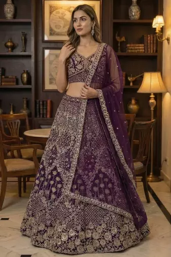 wine thread embroidered silk lehenga set choli with dupatta