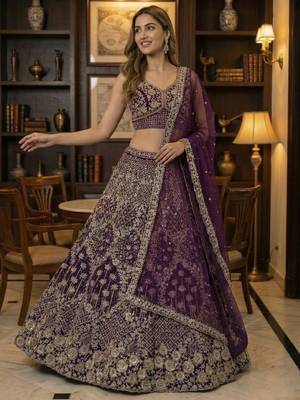 wine thread embroidered silk lehenga set choli with dupatta 3