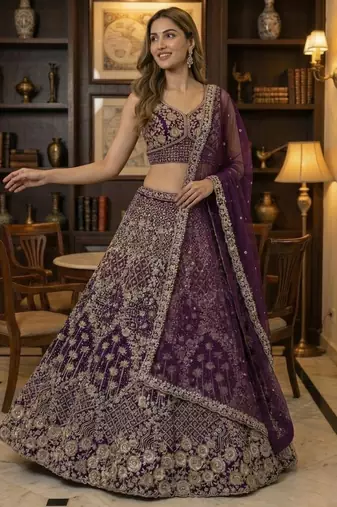 wine thread embroidered silk lehenga set choli with dupatta