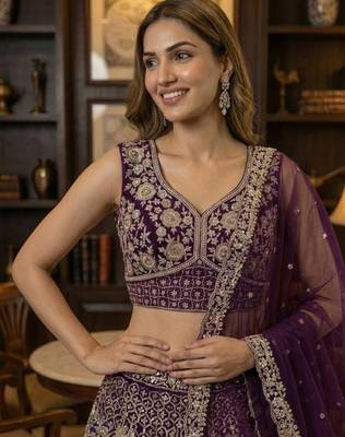 wine thread embroidered silk lehenga set choli with dupatta 4