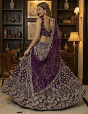wine thread embroidered silk lehenga set choli with dupatta 5