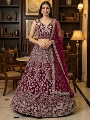 pink thread embroidered silk lehenga set choli with dupatta 1