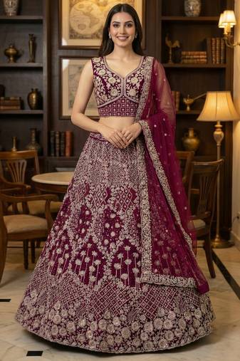 pink thread embroidered silk lehenga set choli with dupatta