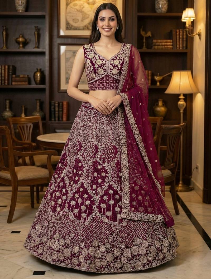 pink thread embroidered silk lehenga set choli with dupatta