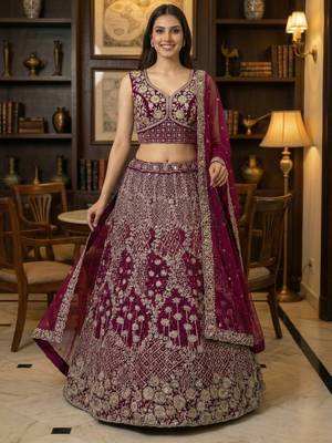 pink thread embroidered silk lehenga set choli with dupatta 2