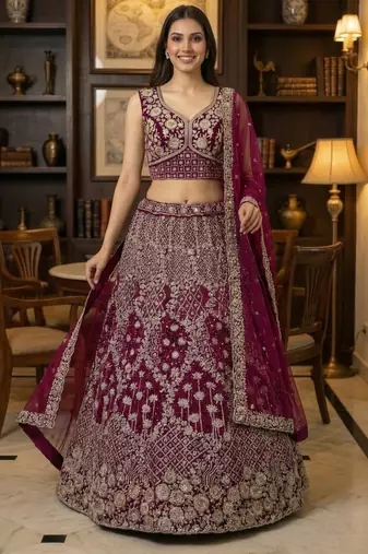 pink thread embroidered silk lehenga set choli with dupatta