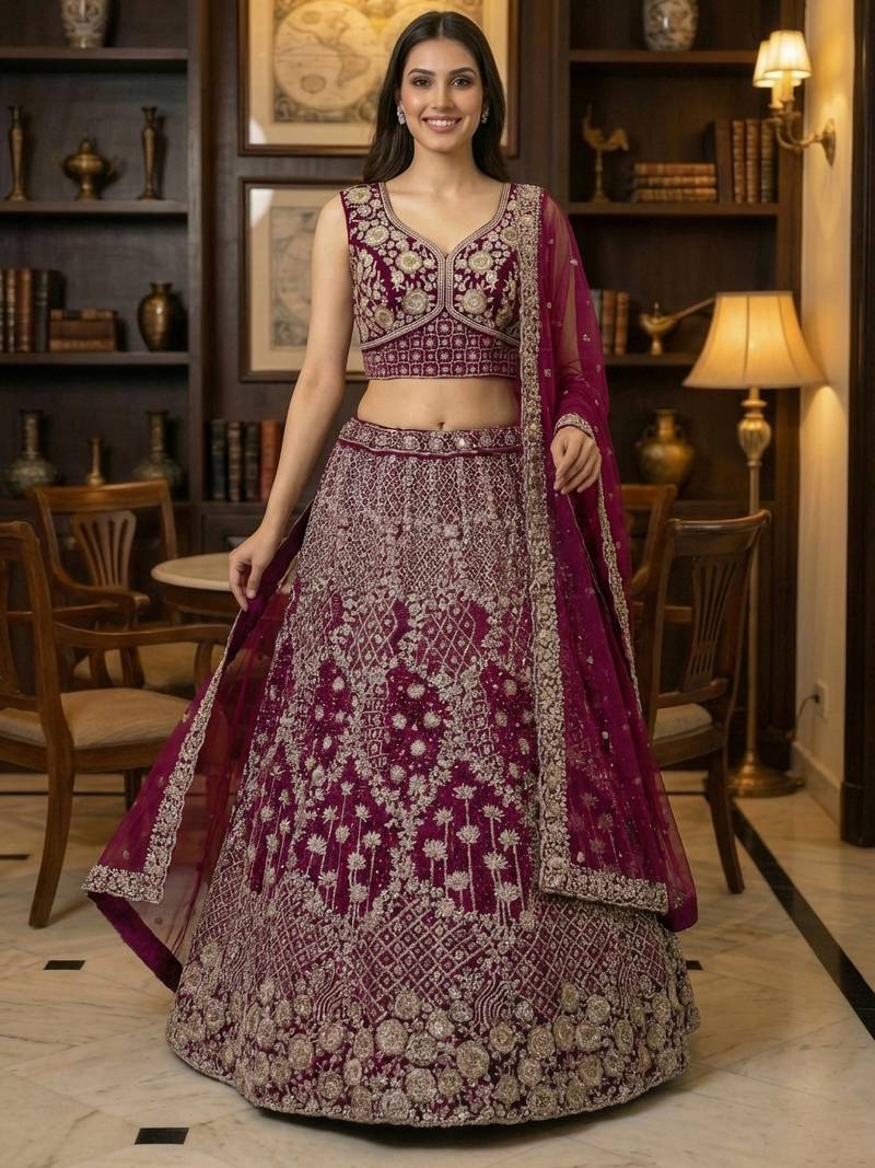 pink thread embroidered silk lehenga set choli with dupatta