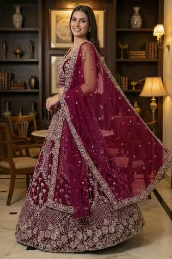 pink thread embroidered silk lehenga set choli with dupatta