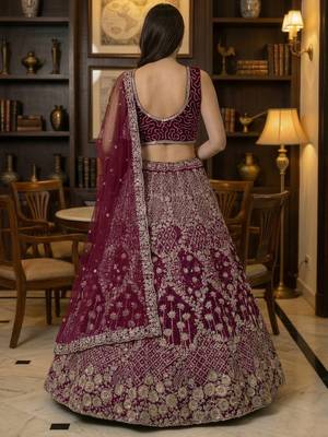pink thread embroidered silk lehenga set choli with dupatta 4