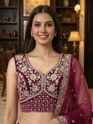 pink thread embroidered silk lehenga set choli with dupatta 5