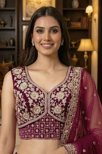 pink thread embroidered silk lehenga set choli with dupatta
