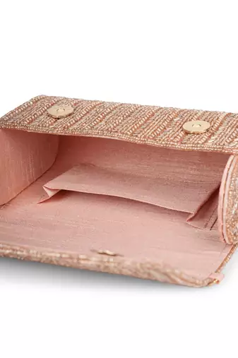crystal cascade dusty pink & gold chevron beaded faux silk clutch