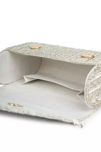 crystal cascade silver chevron beaded faux silk clutch