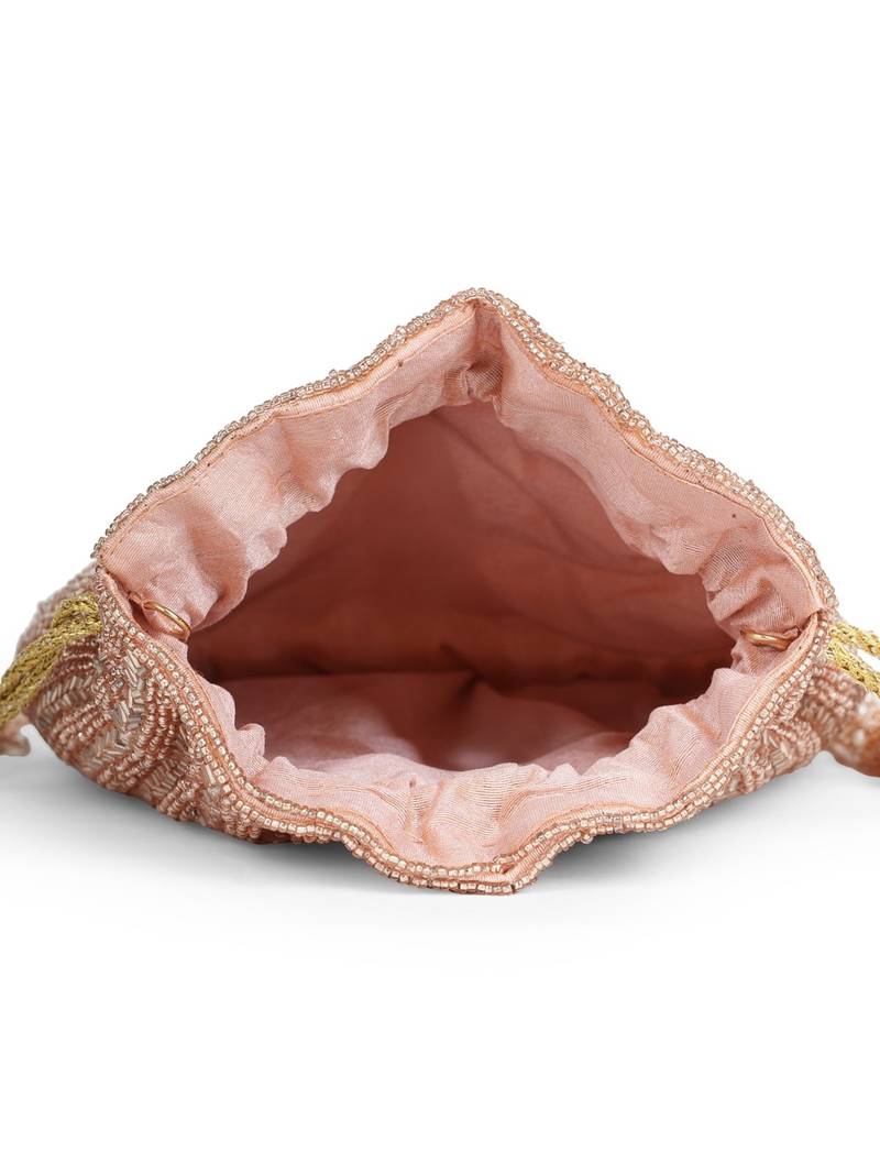 crystal cascade dusty pink & gold chevron beaded faux silk potli