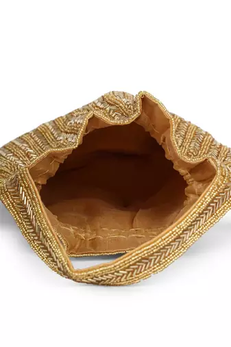 crystal cascade antique gold chevron beaded faux silk potli