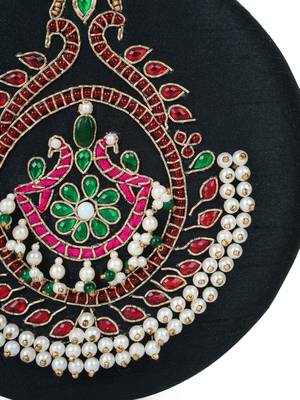 glided gleam black, pearl & multi peacock embroidered faux silk clutch 8