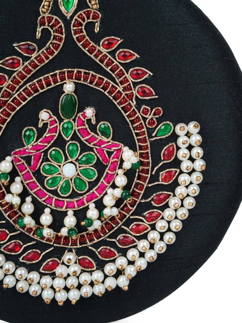 glided gleam black, pearl & multi peacock embroidered faux silk clutch