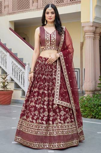 maroon sequins dola silk lehenga set choli with dupatta